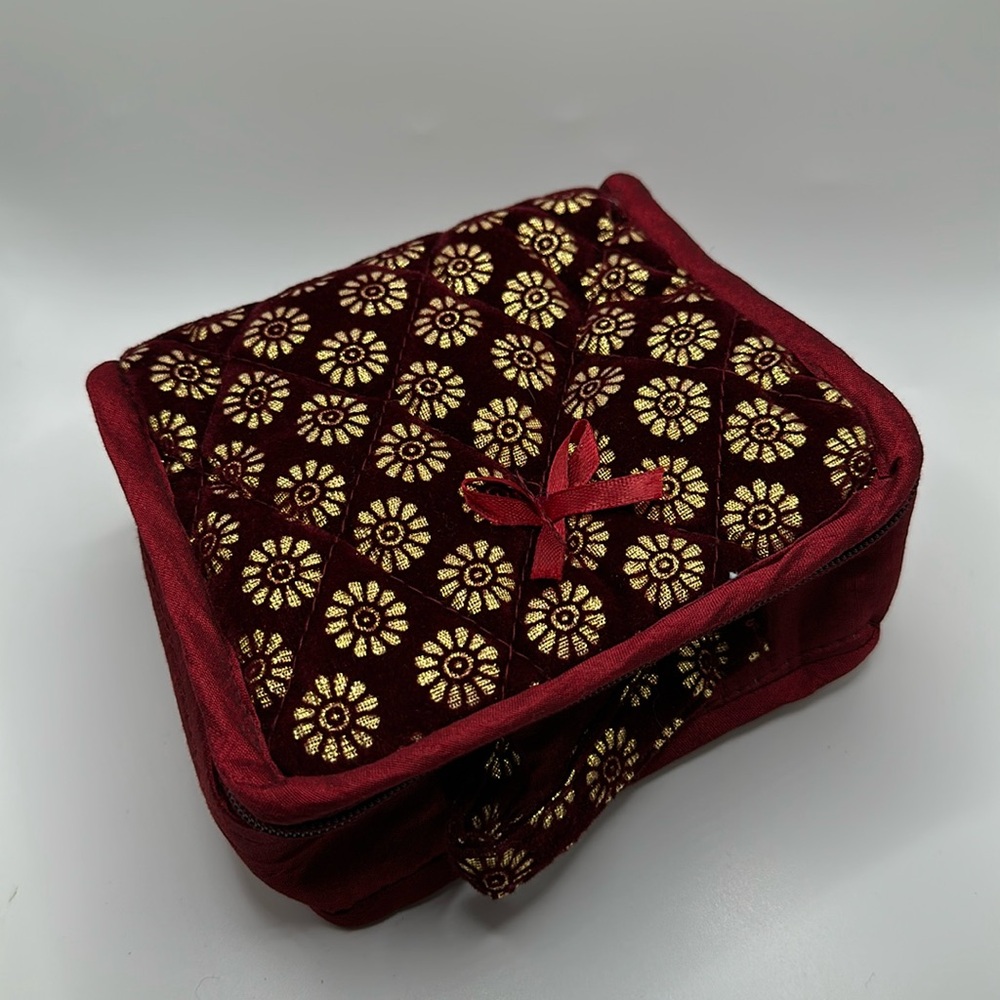 Red velvety gold floral jewelry organizer traveling bag